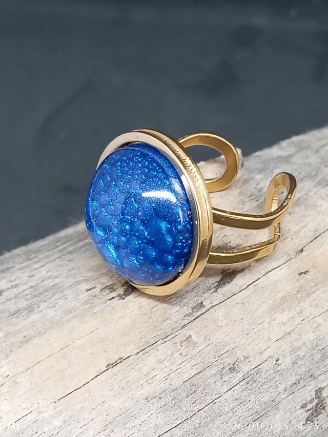 Bague résine bleue réglable en acier inoxydable